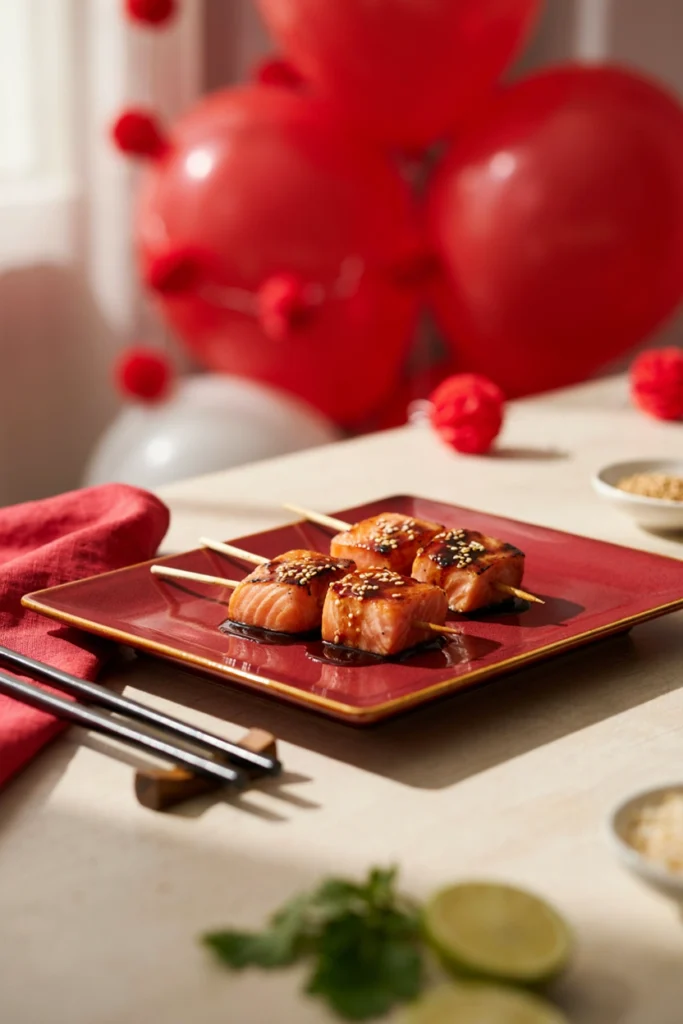 Salmon cubes glazed dark with teriyaki, sesame seeds sprinkled on top