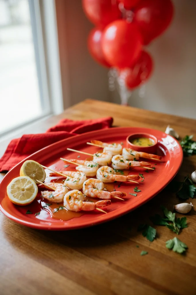 Pink grilled shrimp on skewers with melted garlic butter drizzle