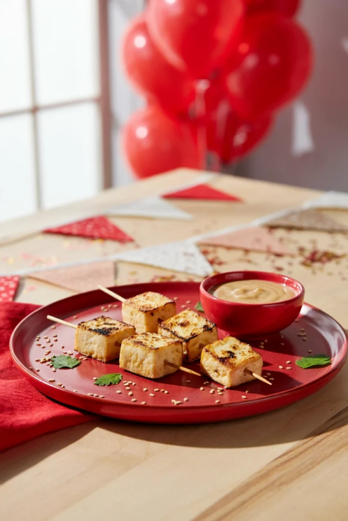 Crispy tofu cubes on skewers with peanut sauce