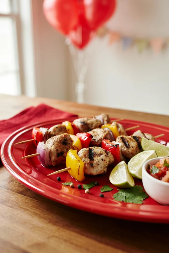 Chicken, bell pepper, and onion chunks in fajita colors on skewers
