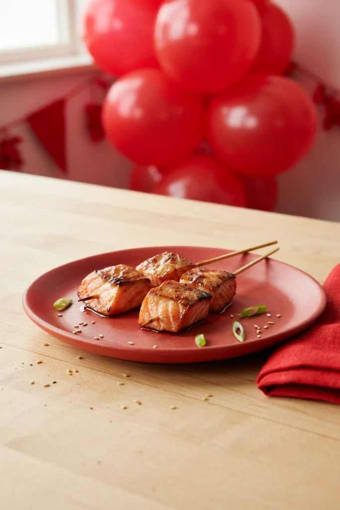 Salmon cubes with a dark miso glaze on skewers