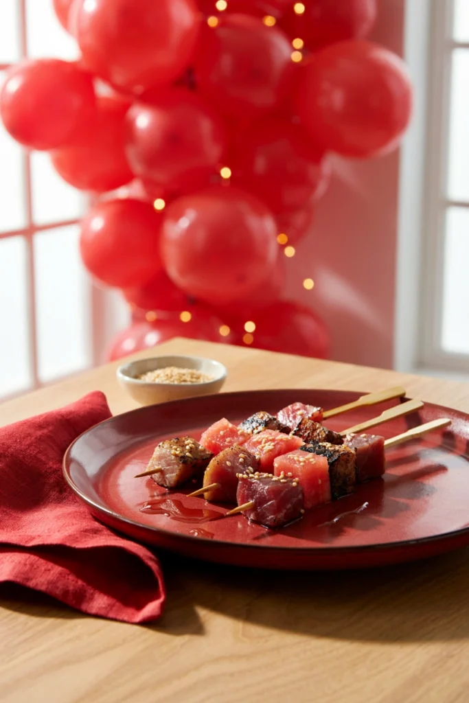 Seared tuna cubes alternating with bright watermelon chunks