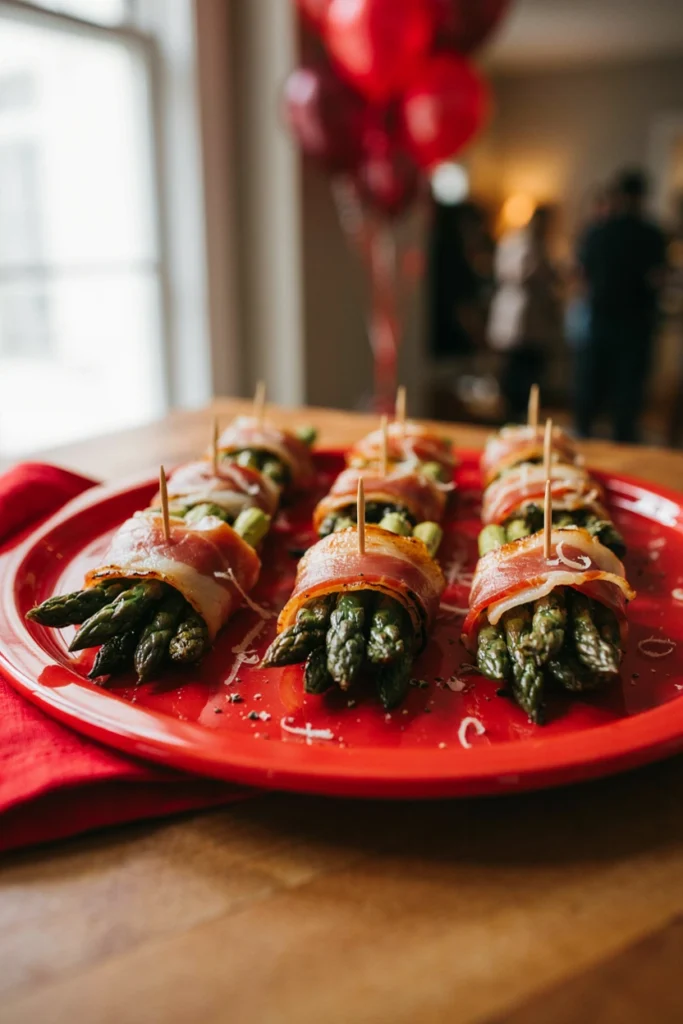 Asparagus spears wrapped in prosciutto on skewers