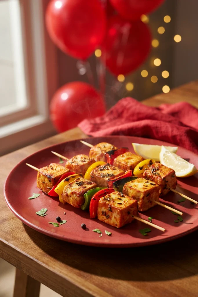 Orange spiced paneer cubes with peppers on skewers