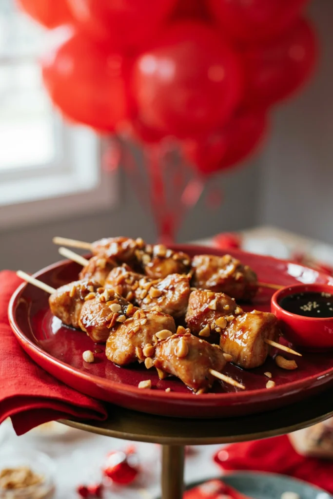 Chicken skewers rolled in crushed cashews