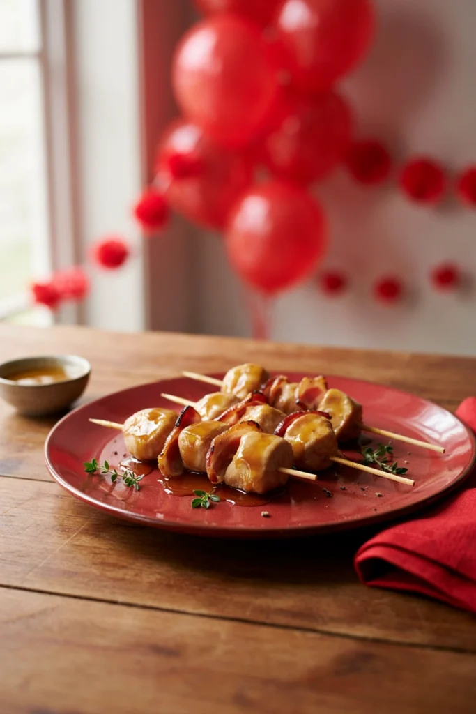 Chicken and bacon pieces glazed with maple syrup, glossy and browned