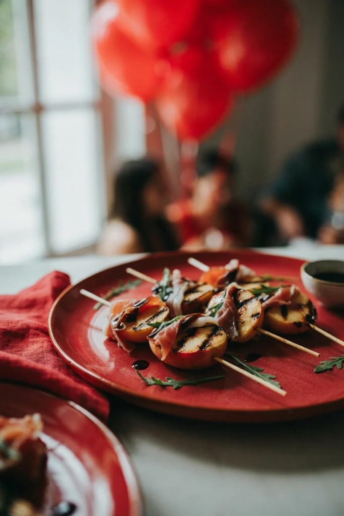 Grilled peach wedges wrapped in prosciutto on skewers