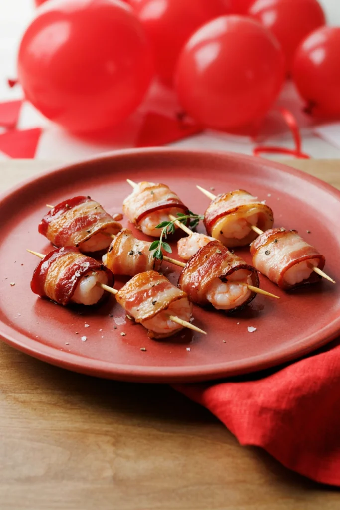 Shrimp wrapped in bacon, threaded and grilled to a crisp