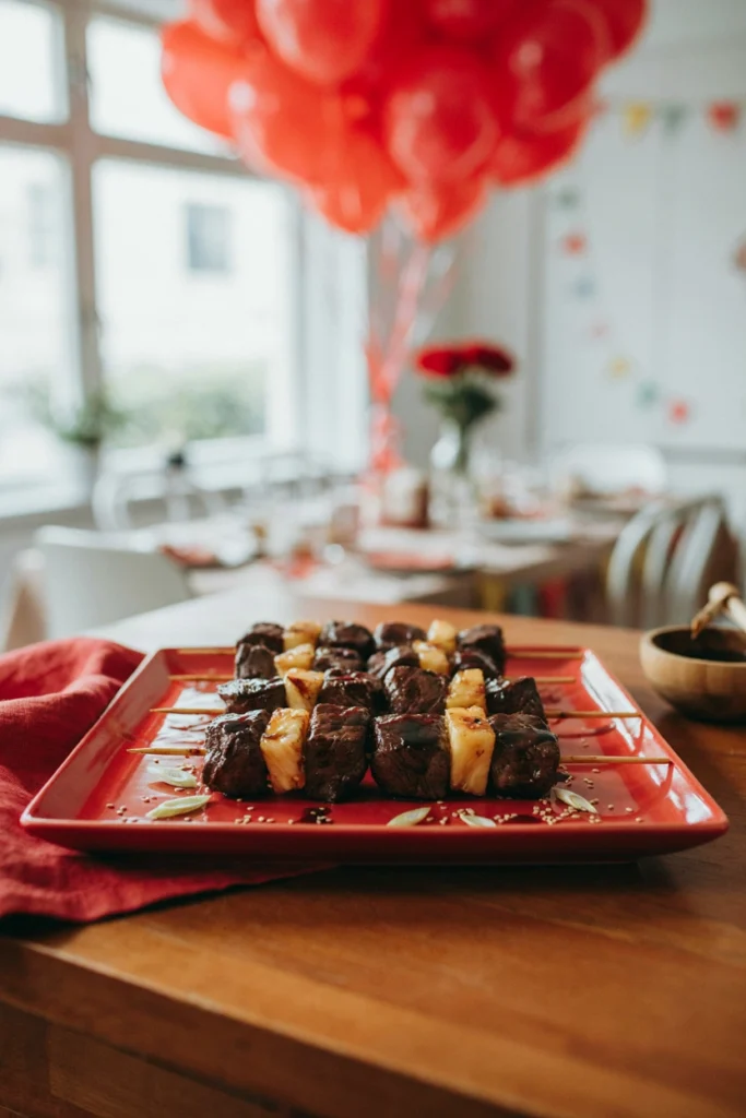Cubed steak skewers glazed dark and sticky with teriyaki sauce