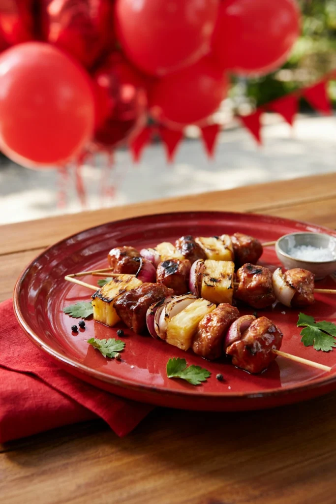 Alternating chicken cubes and pineapple chunks glazed with BBQ sauce