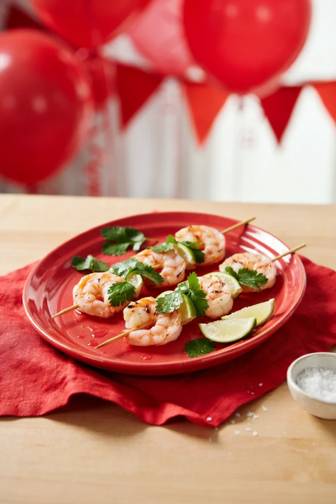 Shrimp skewers garnished with lime wedges and fresh cilantro