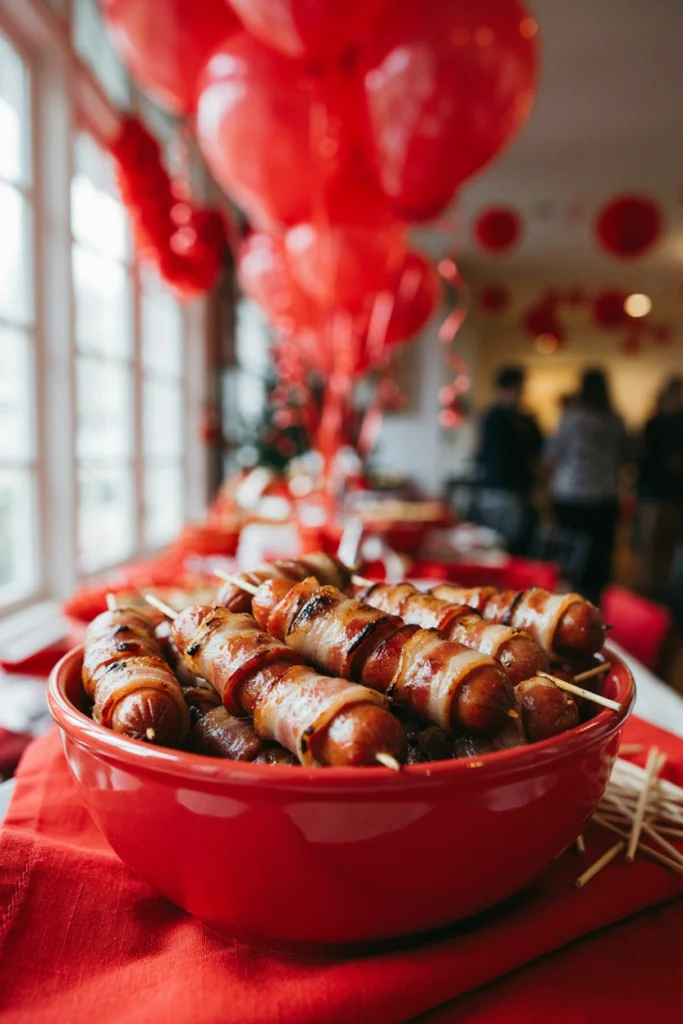 Mini sausages wrapped in bacon threaded on skewers, glazed and glossy