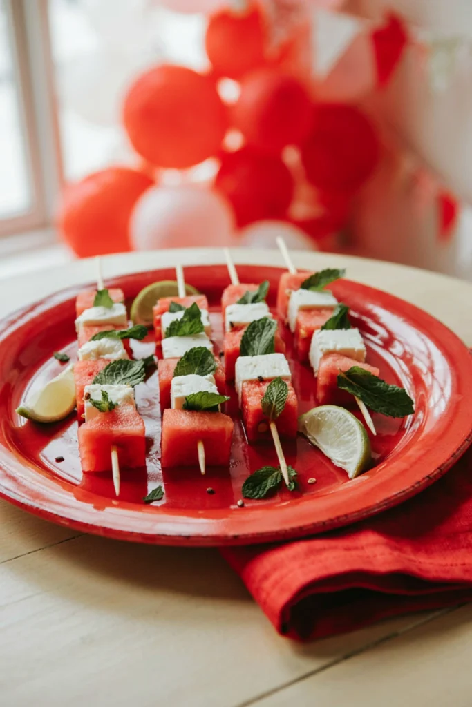 Cubed watermelon and feta with mint leaves on skewers