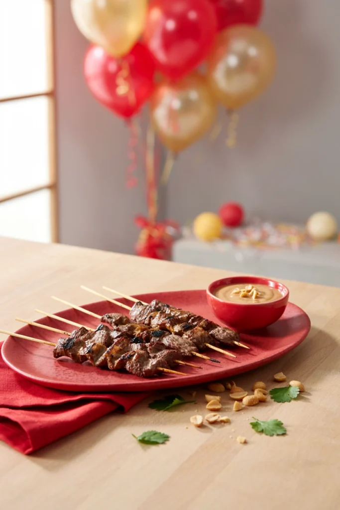 Thin beef strips on skewers with a peanut dipping sauce