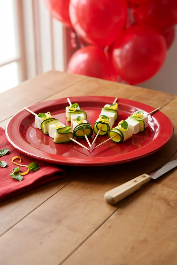 Thin zucchini ribbons ruffled onto skewers with feta cubes