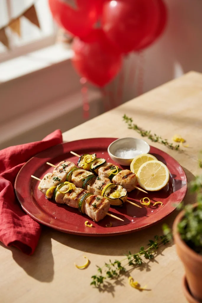 Chicken and zucchini rounds alternating on a skewer, herb-flecked
