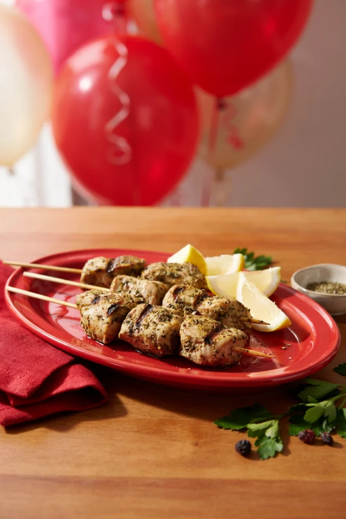Chicken cubes coated in green-flecked za'atar seasoning on skewers