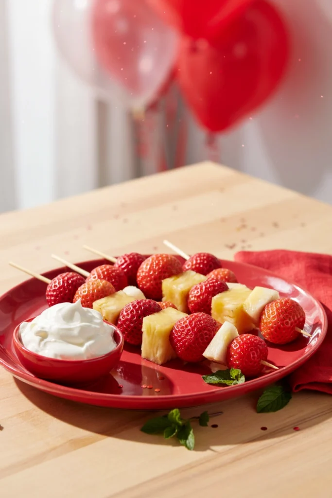 Strawberries and pineapple with a fluff dip alongside skewers