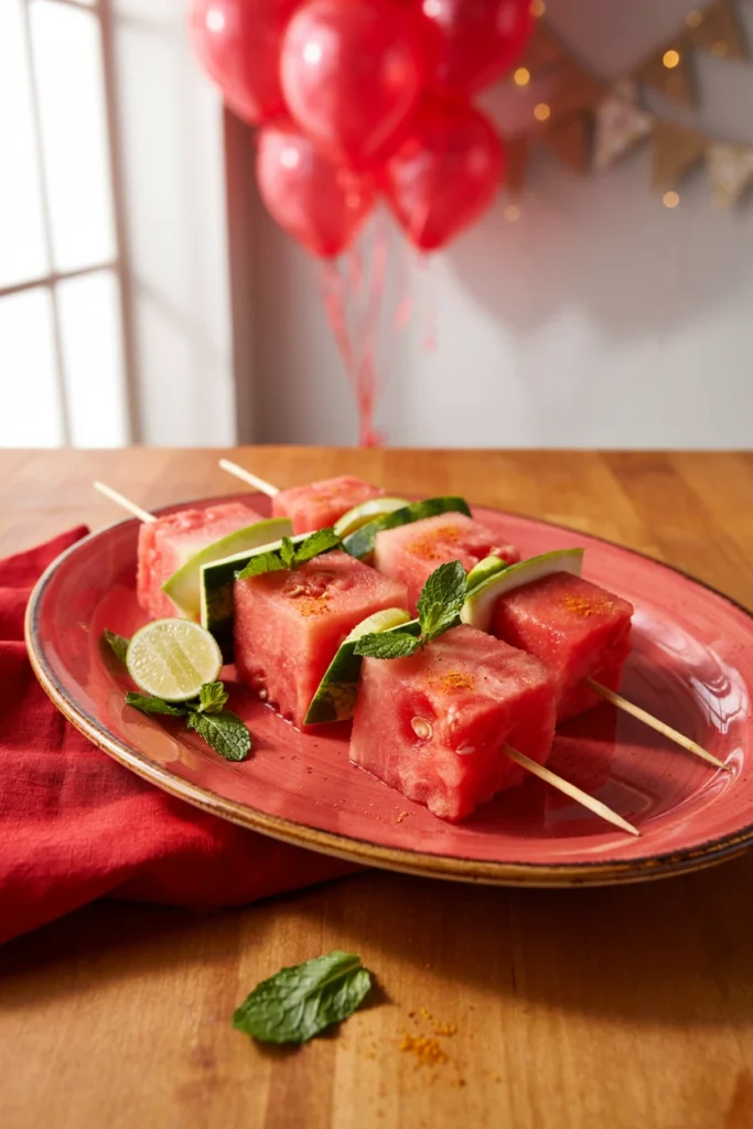 Watermelon cubes with mint leaves and a lime squeeze on skewers