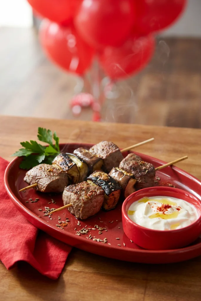 Cubed lamb and eggplant chunks on skewers, char-grilled