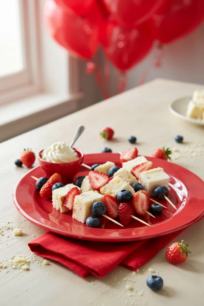 Cubed angel food cake with strawberries and blueberries on skewers