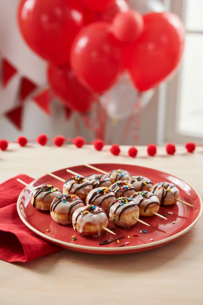 Glazed donut holes threaded on skewers with a sprinkle topping