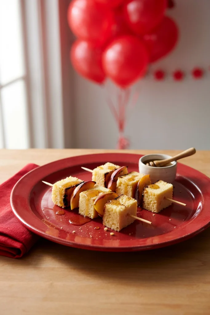 Pound cake cubes and grilled peach slices on skewers