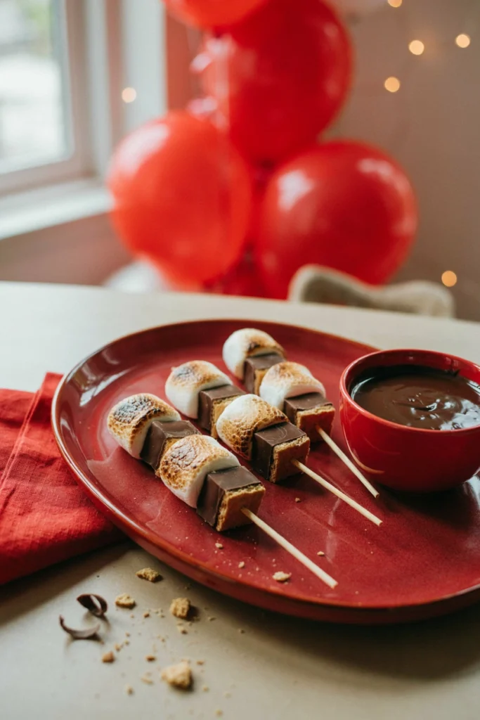 Marshmallows, chocolate squares, and graham cracker pieces on skewers