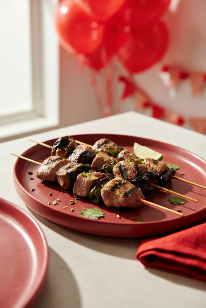 Pork cubes and roasted poblano strips on skewers