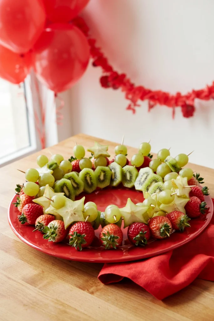 Green grapes and kiwi shaped into a wreath with strawberry accents