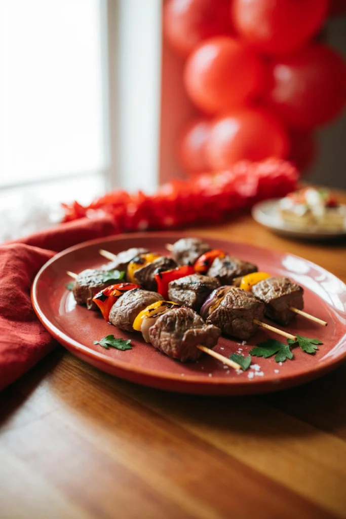 Skewered beef cubes with bell pepper and onion on a grill