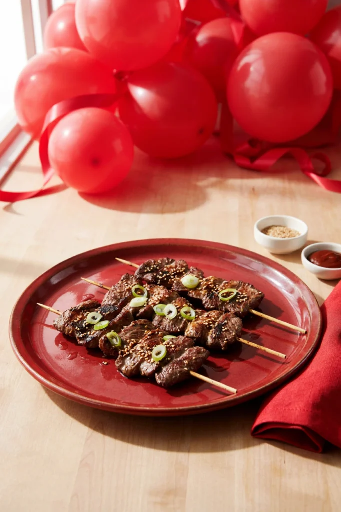 Marinated thin beef strips woven onto skewers, char-grilled