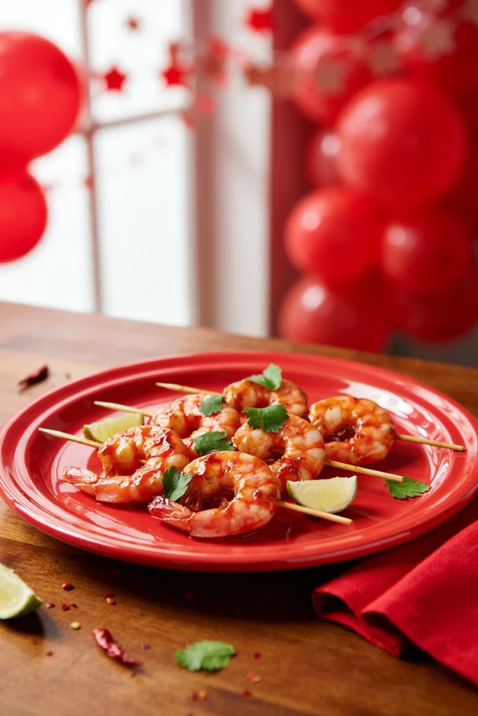 Shrimp skewers glazed with red sweet chili sauce