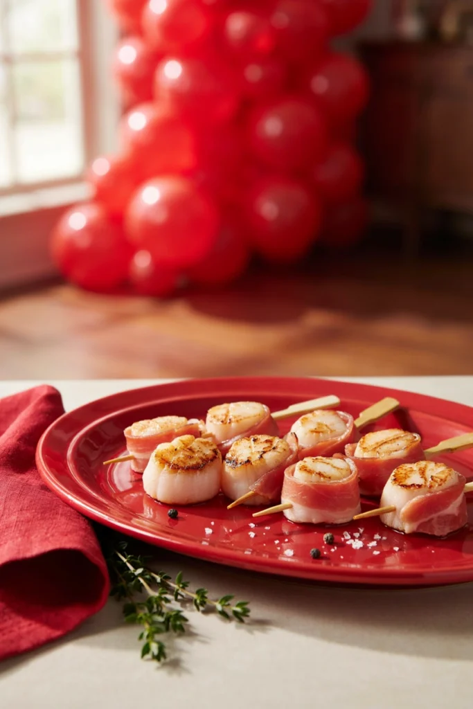 Scallops wrapped in thin prosciutto, seared golden on skewers
