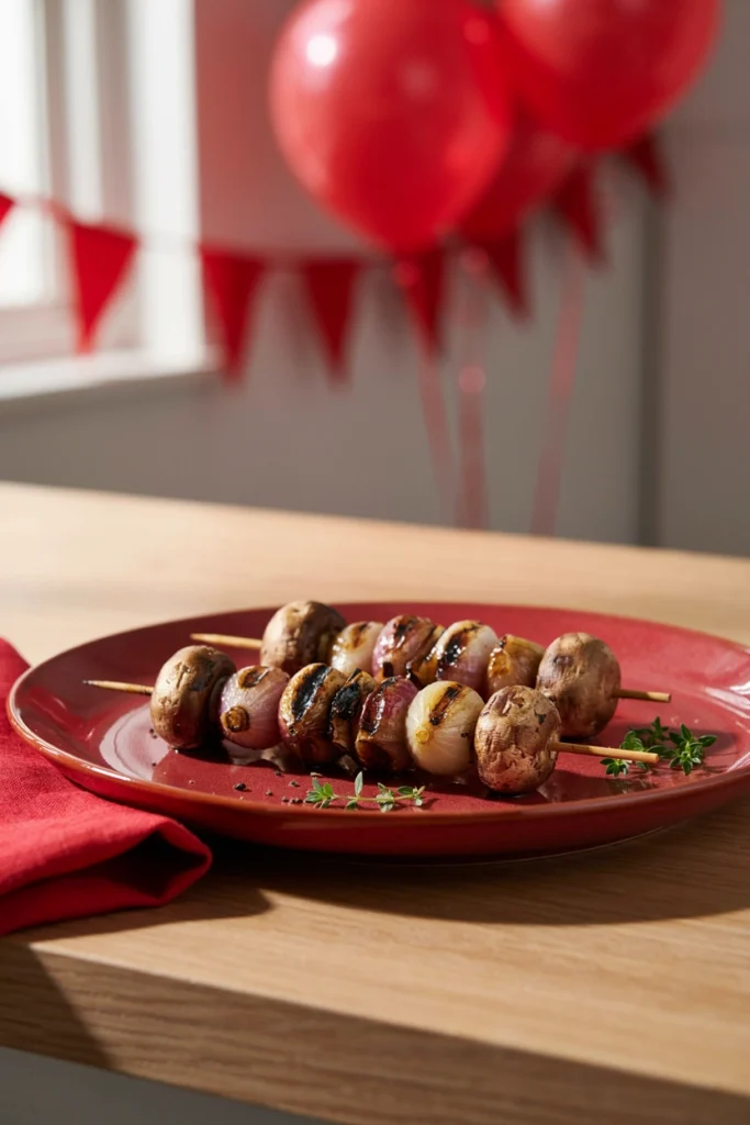 Whole button mushrooms and pearl onions threaded and grilled