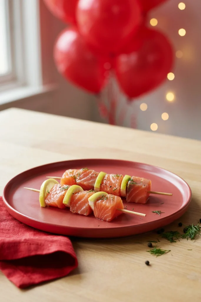 Cubed salmon on skewers with lemon slices threaded between pieces