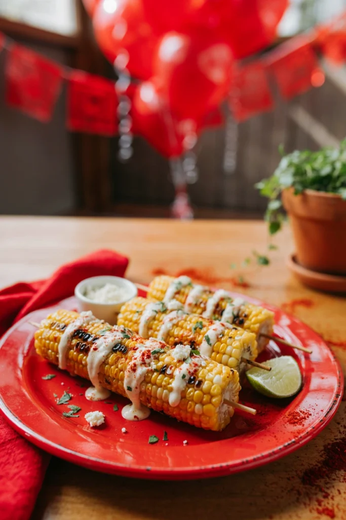 Grilled corn segments coated in crumbled cotija and chili powder