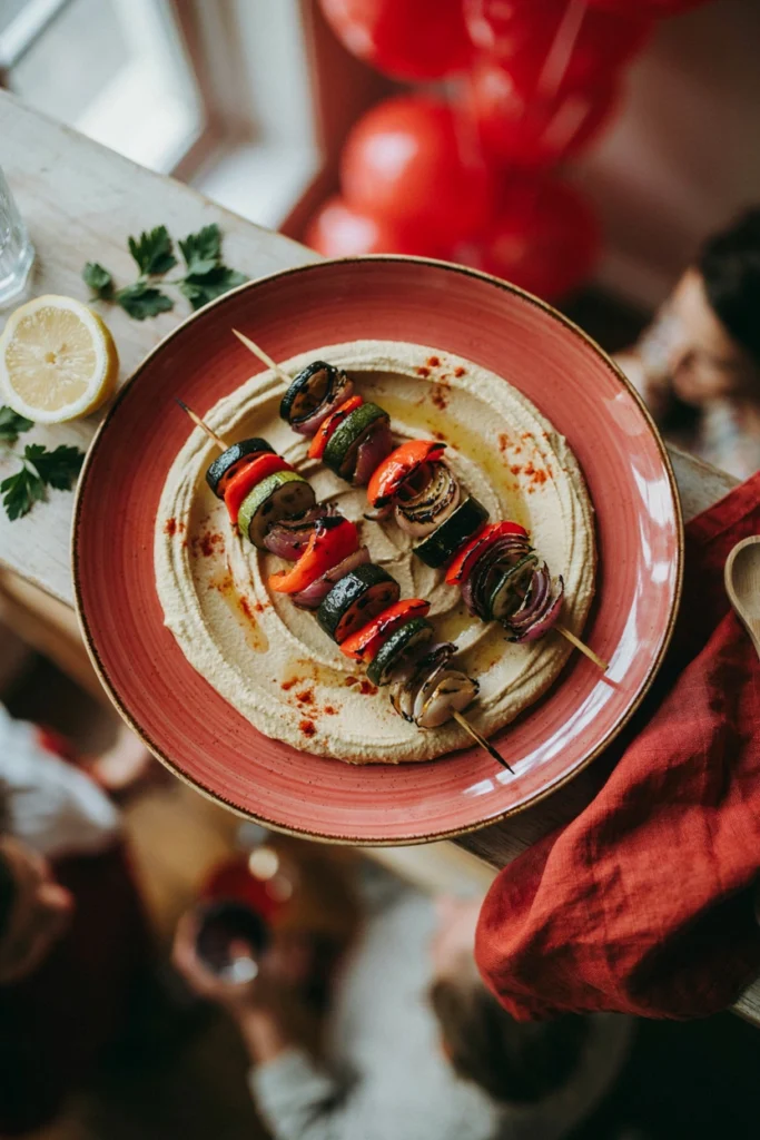 Grilled vegetable skewers laid over a swirl of hummus