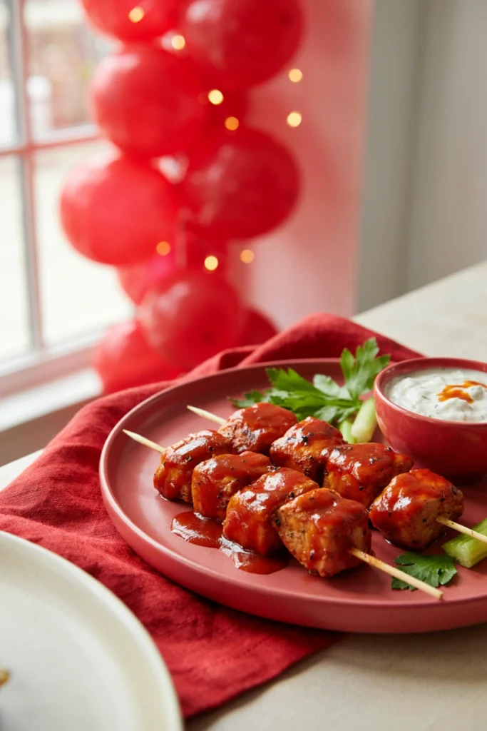 Chicken chunks coated in orange buffalo sauce with celery leaf garnish