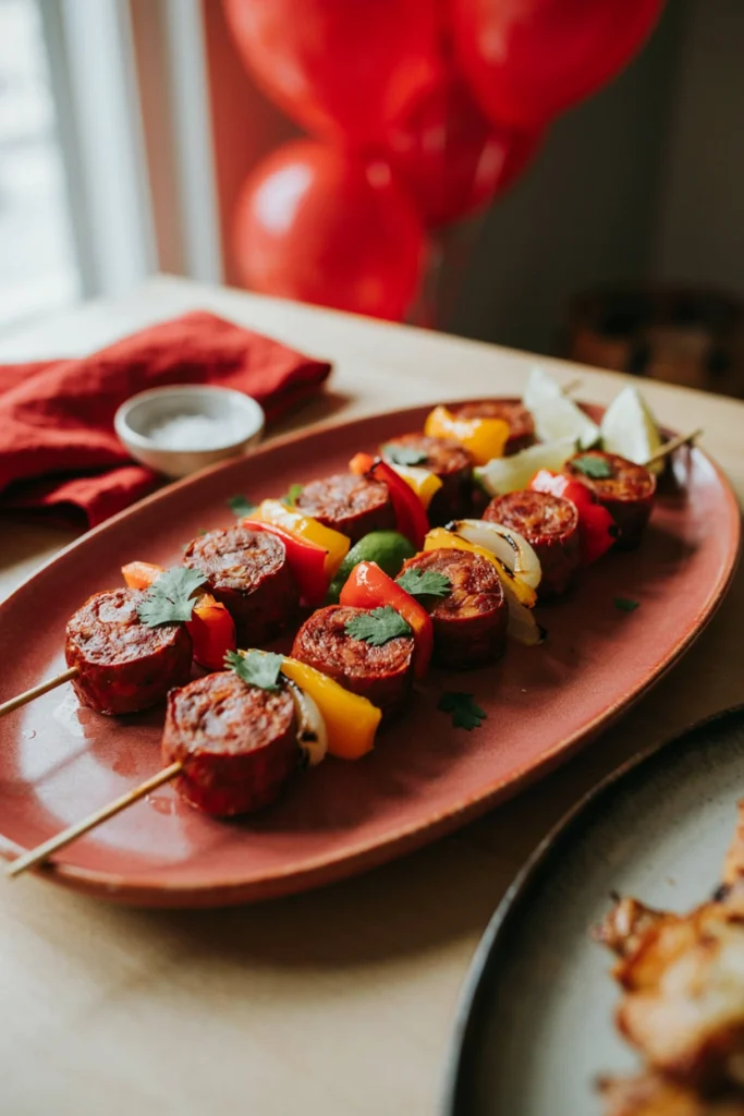 Chorizo rounds and bell pepper chunks on skewers