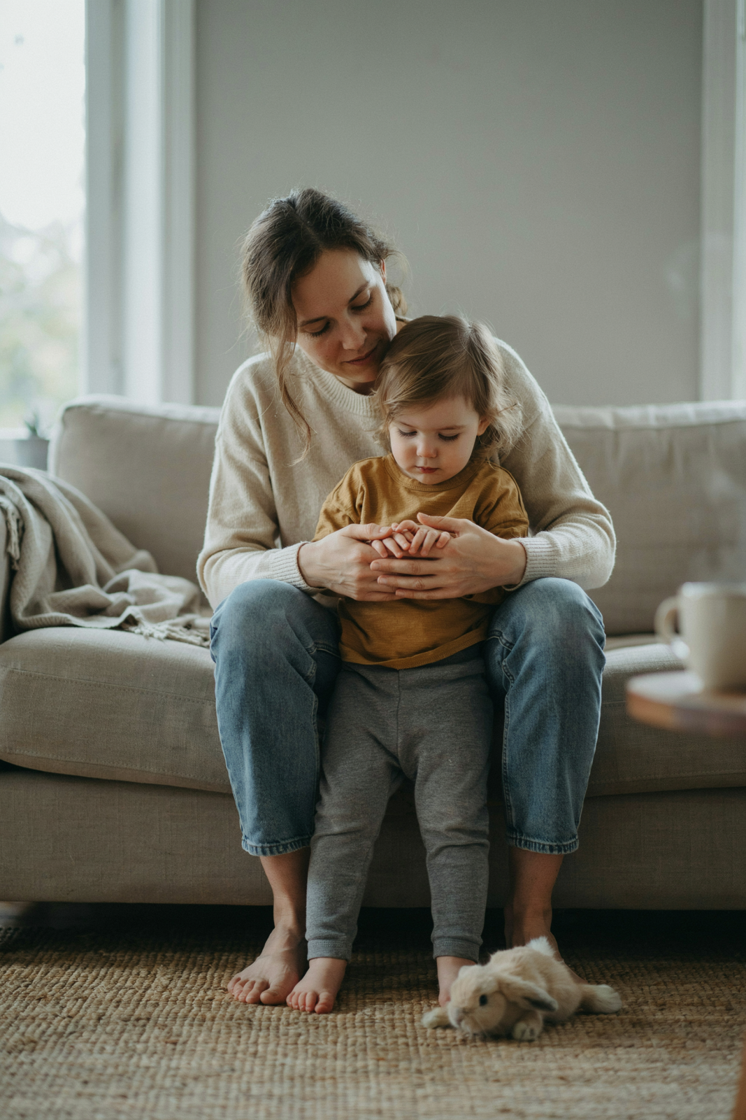 A calm, warm photo of a parent gently holding a young child's hands, both looking down at them. Soft natural lighting.