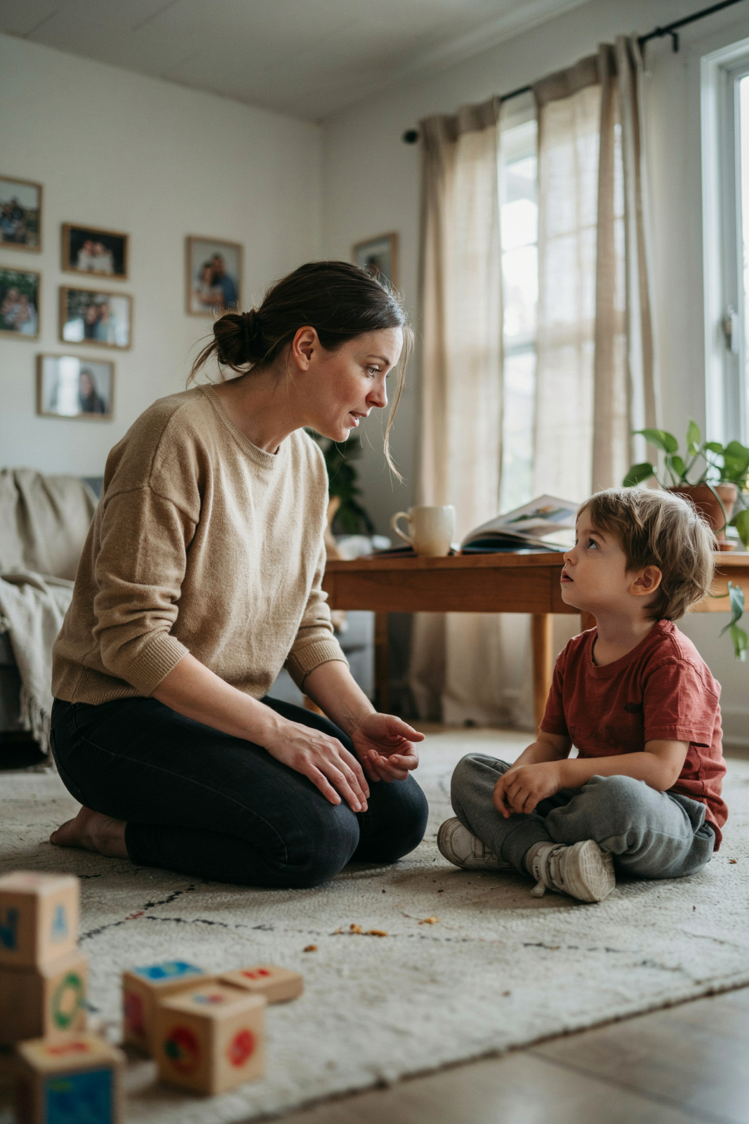 A warm, natural photo of a parent leaning down to their child's eye level, having a genuine conversation.