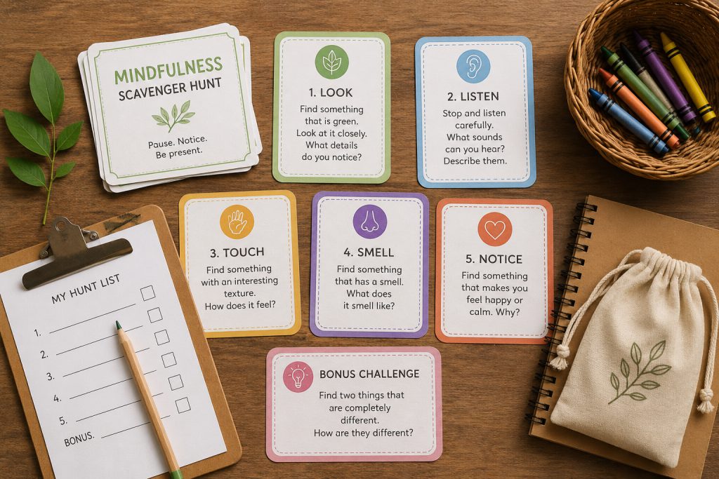 Flat-lay of printed mindfulness prompt cards and supplies on wooden surface