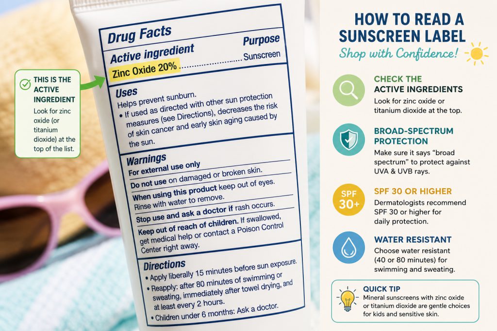 Close-up of a sunscreen label with zinc oxide highlighted as the active ingredient — a clear visual to help parents shop confidently