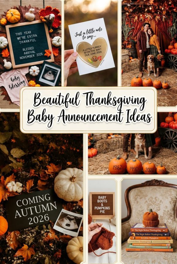 beautiful collage of fall baby announcement ideas - large sticker like text overlay "Beautiful Thanksgiving Baby Announcement Ideas" 