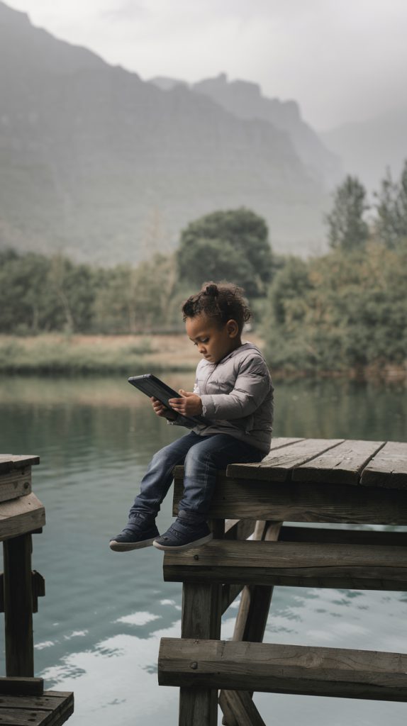 Child on a tablet in nature