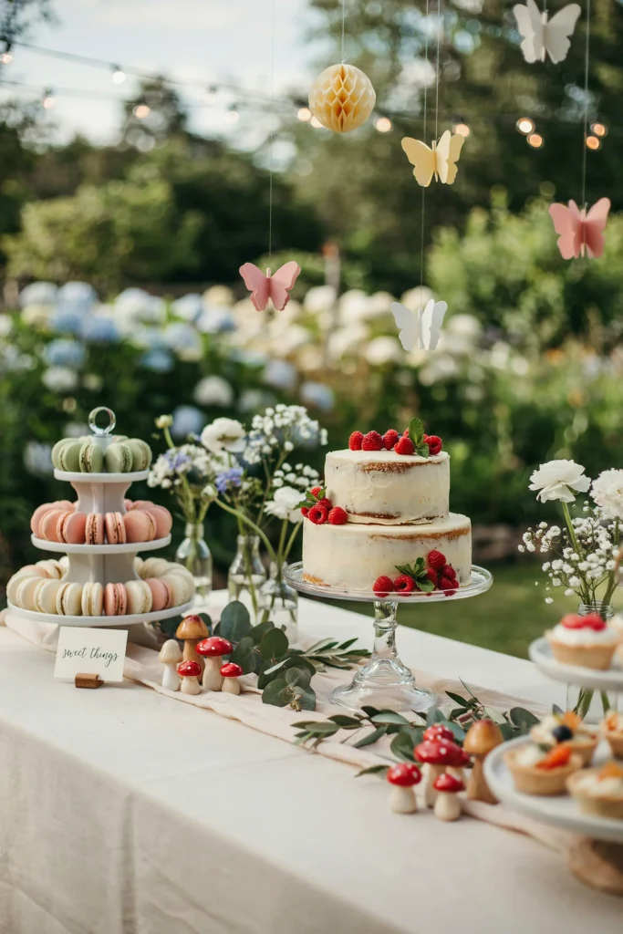 A dessert table with miniature mushroom centerpieces, paper honeycomb butterflies, and scattered greenery between dessert stands