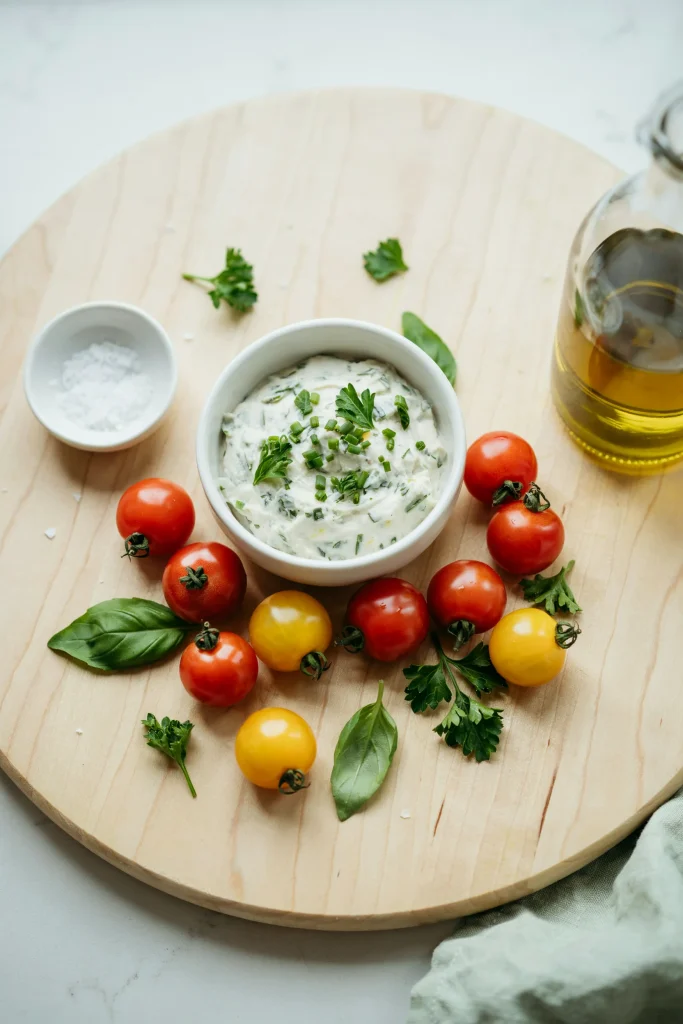Cherry tomatoes (preferably red and yellow for contrast) arranged around a small bowl of herbed cream cheese or ranch dip. The tomatoes are whole, creating cute little "mushroom" shapes. Fresh basil or parsley is scattered around the platter for color.