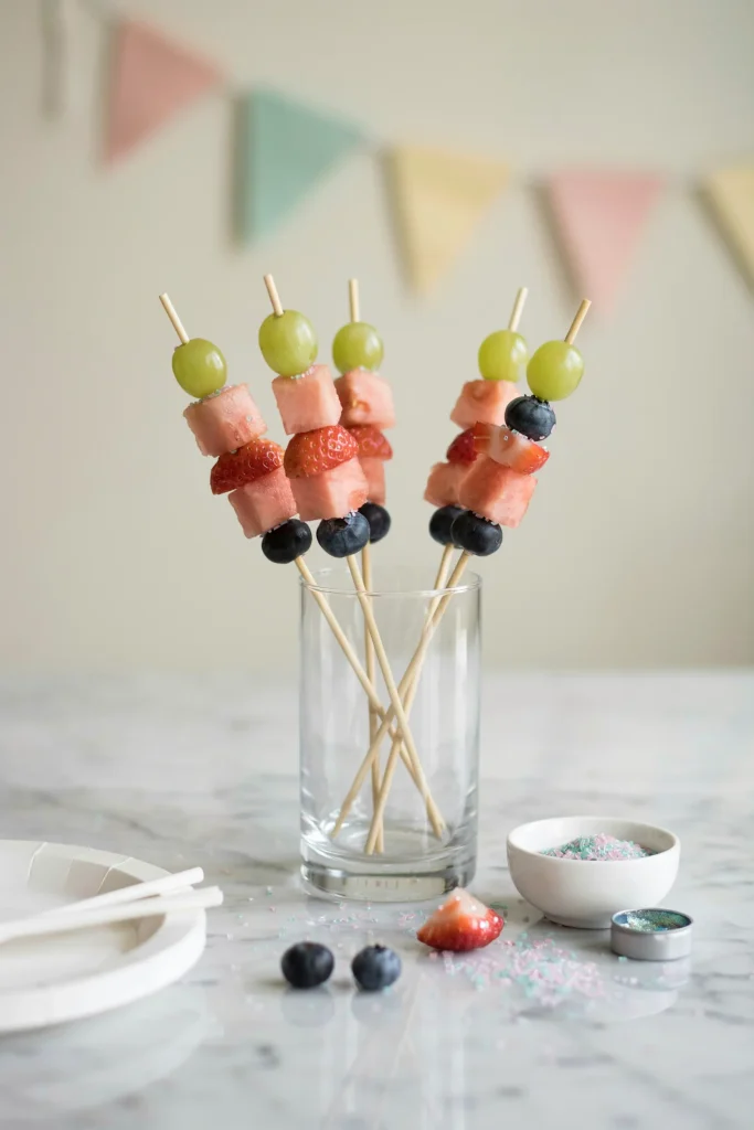 Several wooden or pastel-colored skewers threaded with bite-sized fruit pieces (grapes, melon cubes, strawberry chunks, blueberries). The fruit is dusted with edible glitter or rimmed with colored sugar, creating a sparkly effect. They're standing upright in a small glass or arranged in a vase.