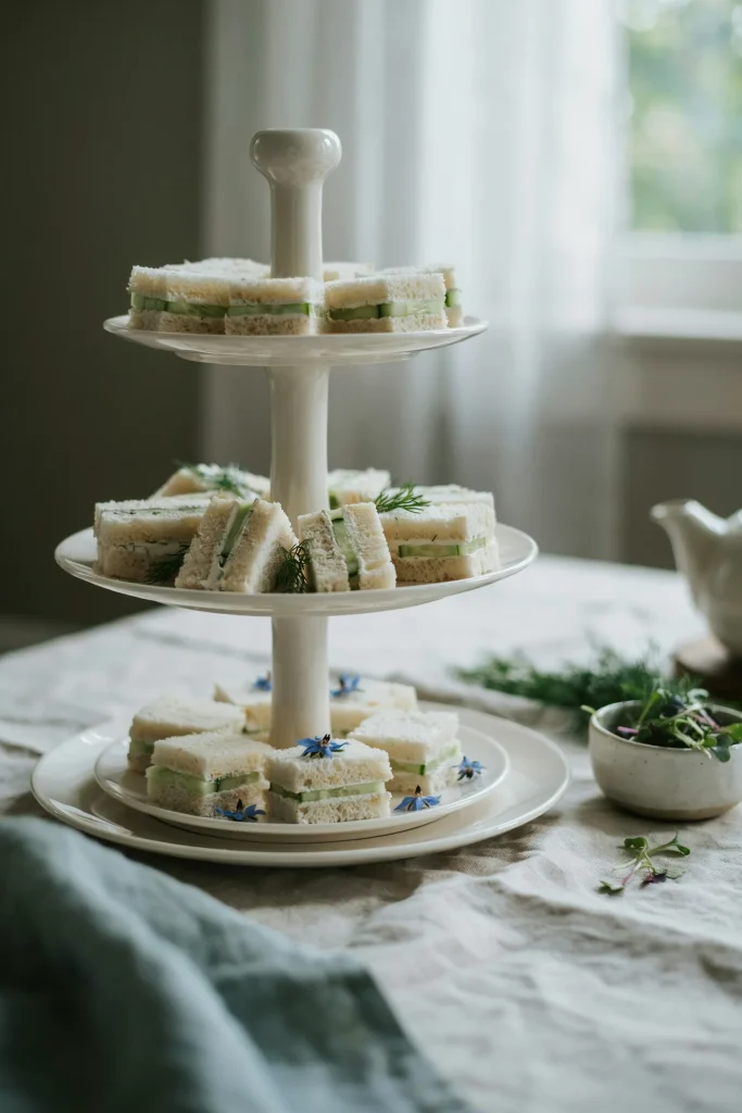 Delicate tea sandwiches made with thin white bread, cut into rectangles or triangles. Visible filling is pale green cucumber and white cream cheese. They're arranged on a tiered stand or small white plate with fresh dill or tiny flowers as garnish.